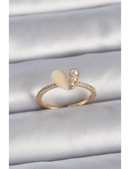 Pirinç Gümüş Renk Ayarlanabilir Zirkon Taşlı Beyaz Mineli Kalp Model Kadın Yüzük - TJ-BYK3376