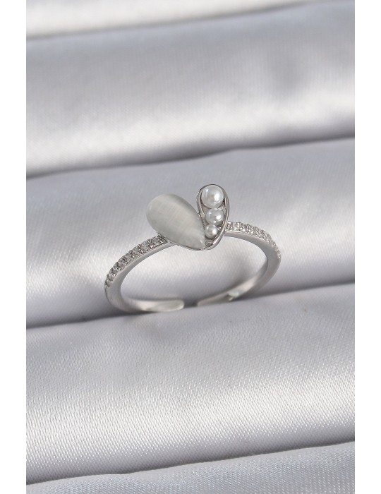 Pirinç Gümüş Renk Ayarlanabilir Zirkon Taşlı İncili Beyaz Mineli Kalp Model Kadın Yüzük - TJ-BYK3377