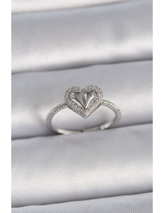 Pirinç Gümüş Renk Ayarlanabilir Zirkon Taşlı Kalp Model Kadın Yüzük - TJ-BYK3395