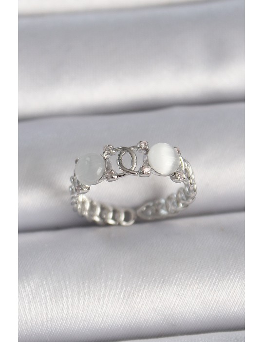 Pirinç Gümüş Renk Ayarlanabilir Zirkon Taşlı Beyaz Mineli Birleşik Halka Model Kadın Yüzük - TJ-BYK3403