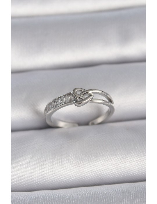 Pirinç Gümüş Renk Ayarlanabilir Zirkon Taşlı Düğüm Kalp Model Kadın Yüzük - TJ-BYK3405