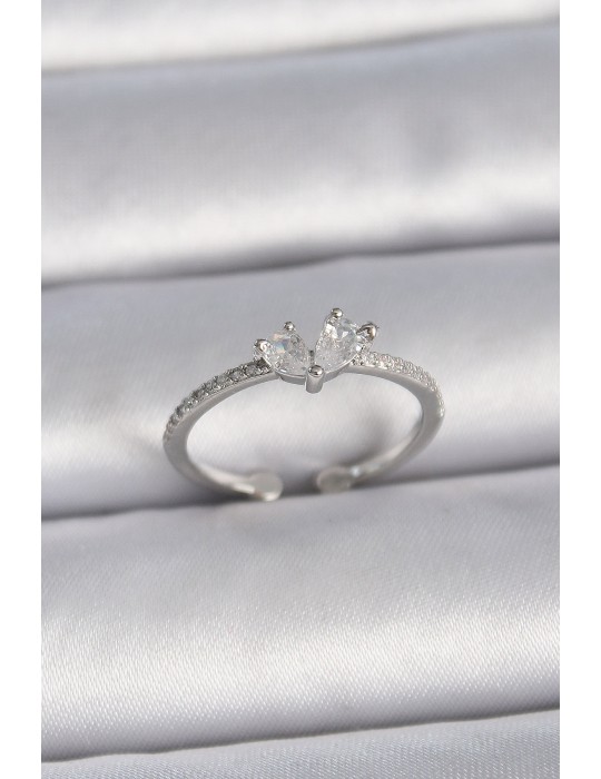 Pirinç Gümüş Renk Ayaralanabilir Zirkon Taşlı Kalp Model Kadın Yüzük - TJ-BYK3407