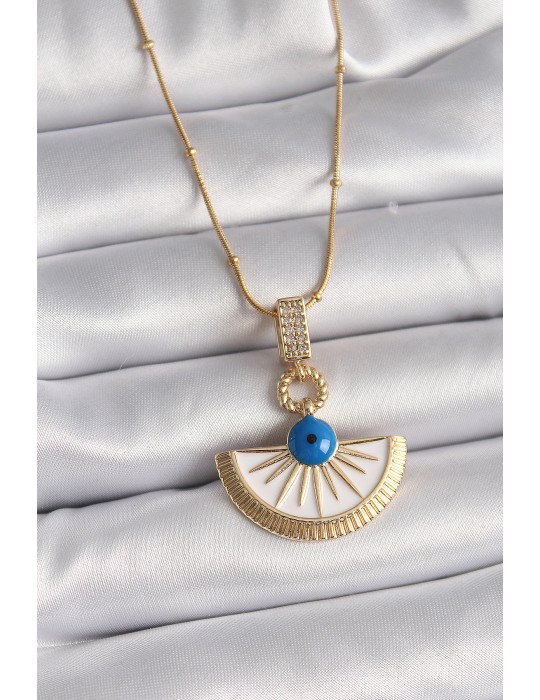 316L Çelik Gold Renk Zincir Zirkon Taş Detaylı Nazar Boncuk Göz Model Kadın Kolye - TJ-BKO9474