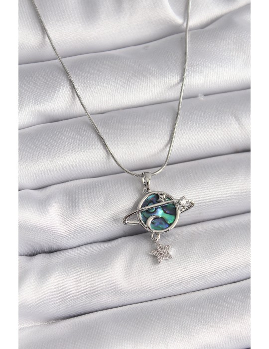 316L Çelik Gümüş Renk Zincir Zirkon Taşlı Gezegen Model Kadın Kolye - TJ-BKO9478