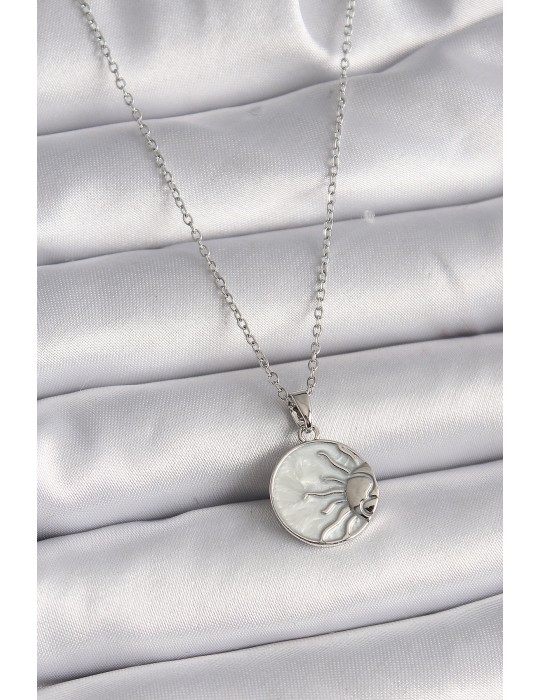 316L Çelik Gümüş Renk Zincir Beyaz Sedefli Gün Batımı Model Kadın Kolye - TJ-BKO9483