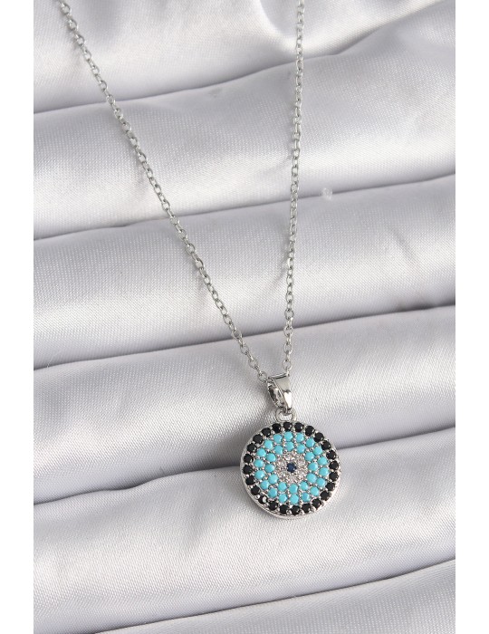 316L Çelik Gümüş Renk Zincir Nazar Boncuk Madalyon Model Kadın Kolye - TJ-BKO9485