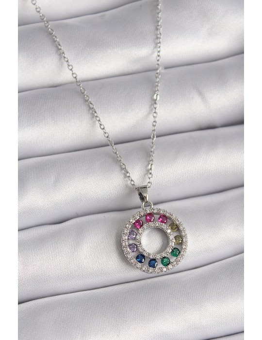 316L Çelik Gümüş Renk Zincir Renkli Zirkon Taşlı Madalyon Model Kadın Kolye - TJ-BKO9489