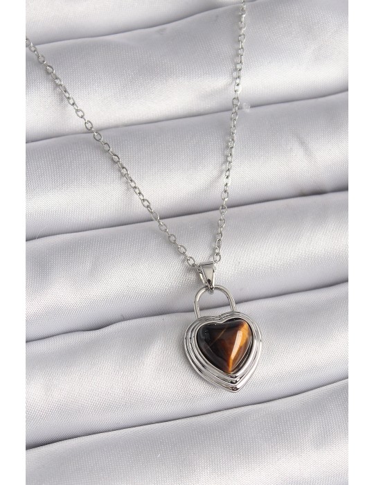 316L Çelik Gümüş Renk Zincir Kilit Kalp Kehribar Boncuk Model Kadın Kolye - TJ-BKO9495