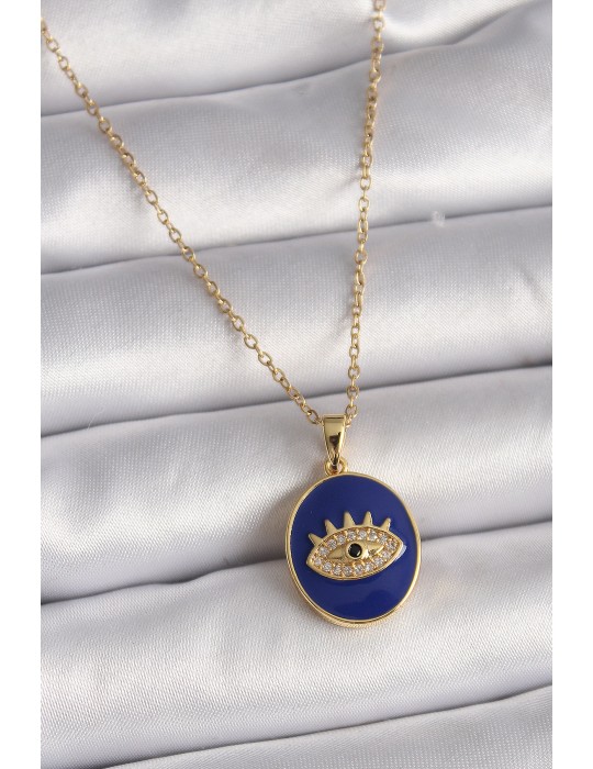 316L Çelik Gold Renk Zincir Mavi Mineli Zirkon Taşlı Göz İşleme Kadın Kolye - TJ-BKO9505