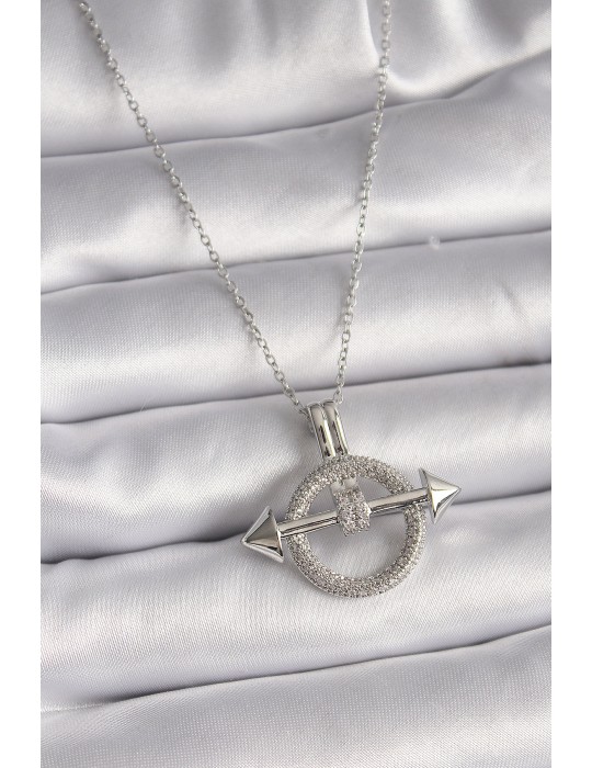 316L Çelik Gümüş Renk Zincir Zirkon Taşlı Halka Model Kadın Kolye - TJ-BKO9506