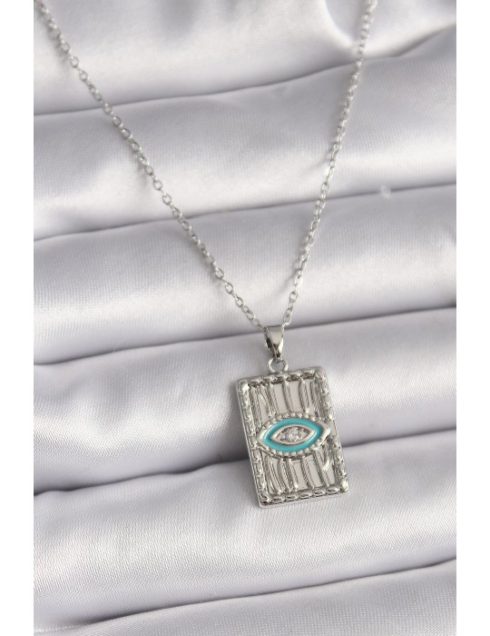 316L Çelik Gümüş Renk Zincir Göz İşlemeli Madalyon Model Kadın Kolye - TJ-BKO9508