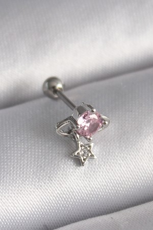 316L Çelik Gümüş Renk Pembe Zirkon Taşlı Sallantı Yıldız Detay Tragus Piercing - TJ-PR1237