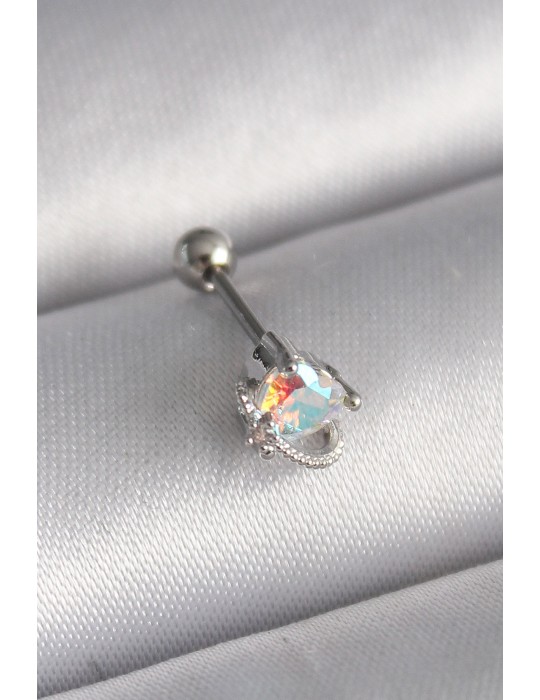 316L Çelik Gümüş Renk Zirkon Taşlı Kalp Tragus Piercing - TJ-PR1243