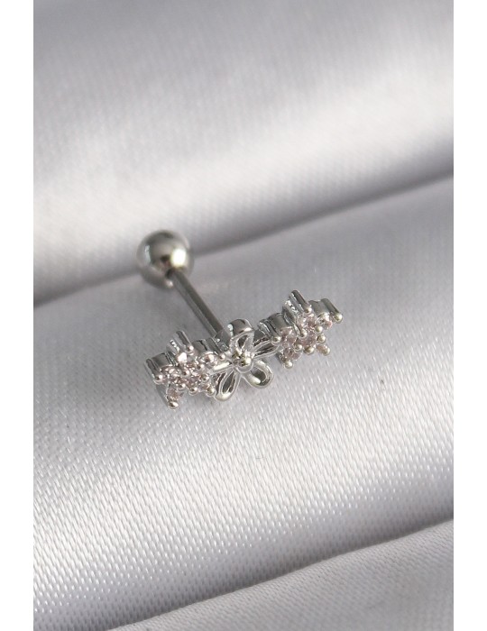 316L Çelik Gümüş Renk Zirkon Taşlı Çiçek Tragus Piercing - TJ-PR1247