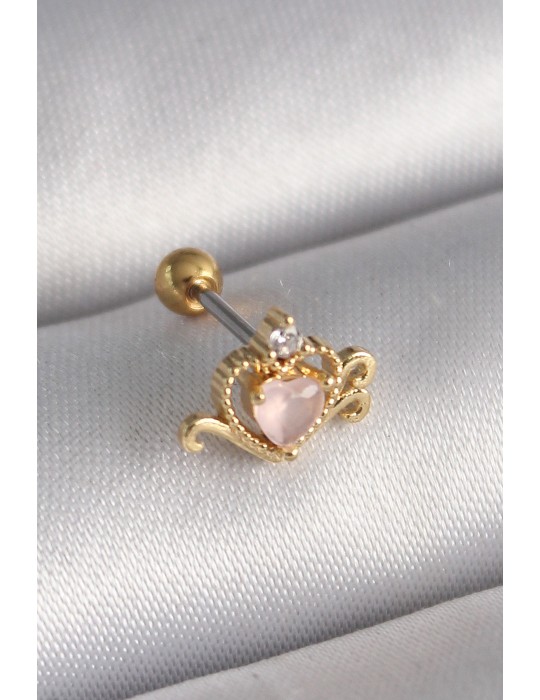 316L Çelik Gold Renk Pembe Mineli Kalp Zirkon Taş Detay Tragus Piercing - TJ-PR1260