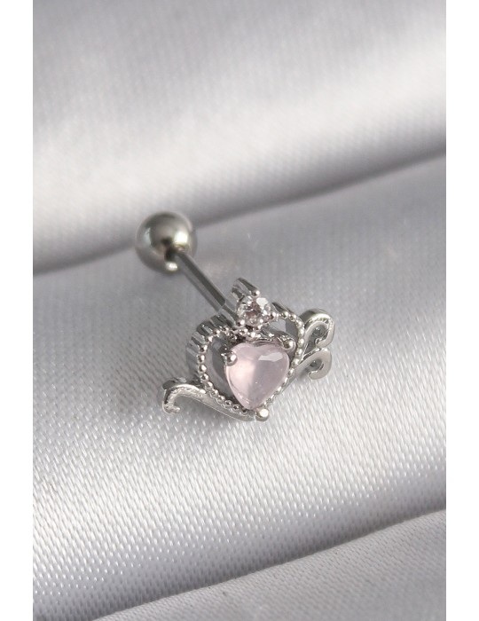 316L Çelik Gümüş Renk Pembe Mineli Kalp Zirkon Taş Detay Tragus Piercing - TJ-PR1261