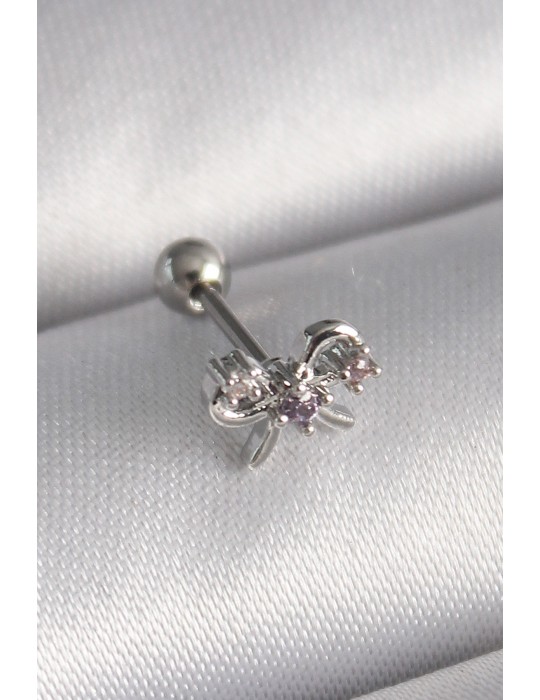 316L Çelik Gümüş Renk Zirkon Taşlı Kurdele Tragus Piercing - TJ-PR1265