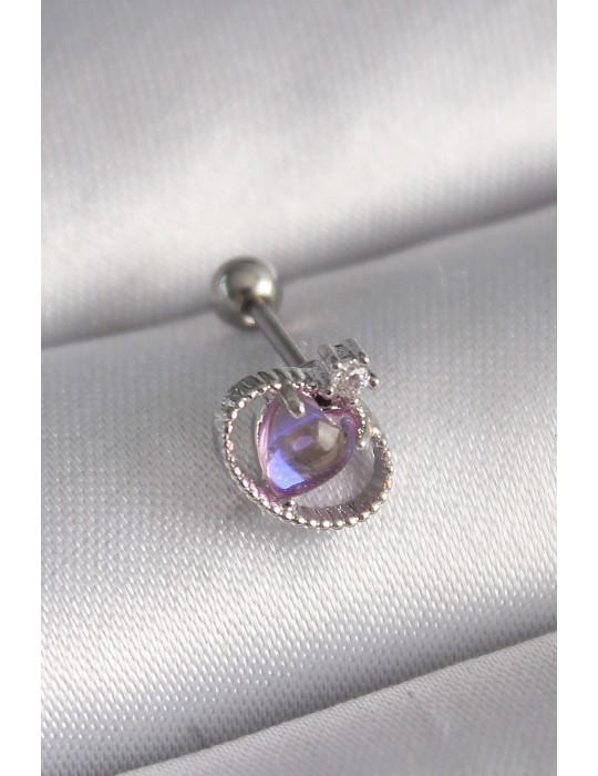 316L Çelik Gümüş Renk Mor Mineli Kalp Zirkon Taş Detay Tragus Piercing - TJ-PR1273
