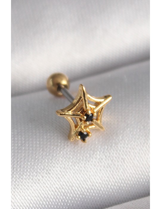 316L Çelik Gold Renk Siyah Zirkon Taş Detay Örümcek Ağ Model Tragus Piercing - TJ-PR1292