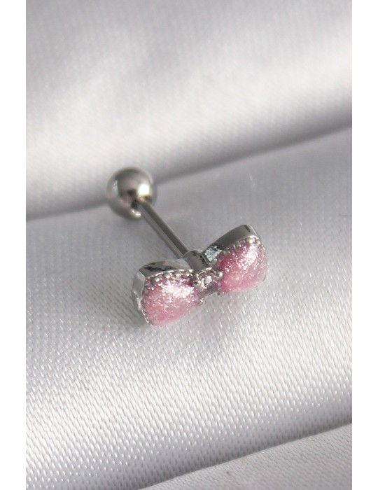 316L Çelik Gümüş Renk Pembe Kurdele Zirkon Taş Detay Tragus Piercing - TJ-PR1295