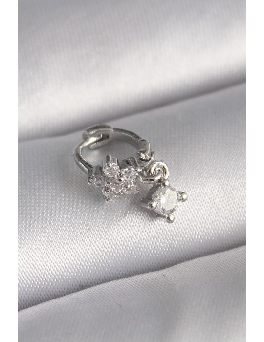 316L Çelik Gümüş Renk Zirkon Taşlı Çiçek Model Sallantı Detay Tragus Piercing - TJ-PR1311