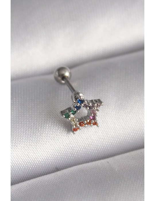 316L Çelik Gümüş Renk Renkli Zirkon Taşlı Yıldız Model Tragus Piercing - TJ-PR1355