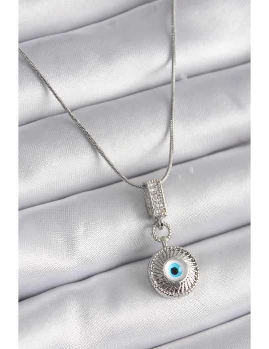 316L Çelik Gümüş Renk Zirkon Taşlı Nazar Boncuk Model Kadın Kolye - TJ-BKO9523
