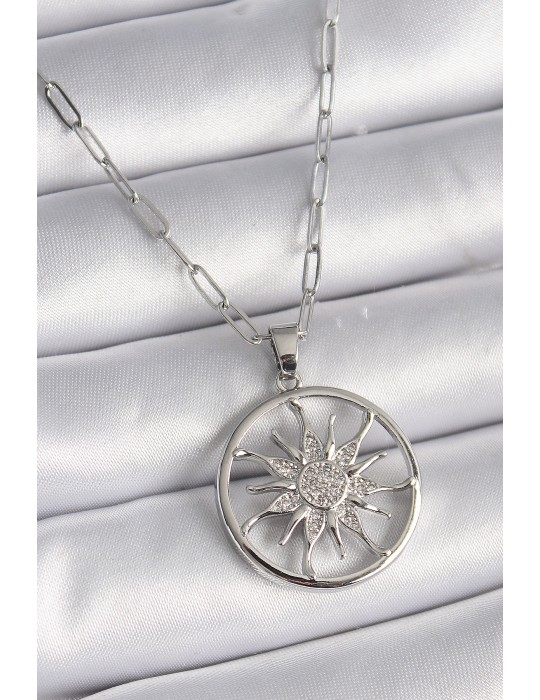 316L Çelik Gümüş Renk Zirkon Taşlı Güneş Madalyon Model Kadın Kolye - TJ-BKO9529