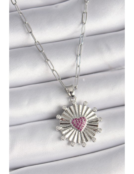 316L Çelik Gümüş Renk Pembe Zirkon Taşlı Kalp İşleme Madalyon Model Kadın Kolye - TJ-BKO9533