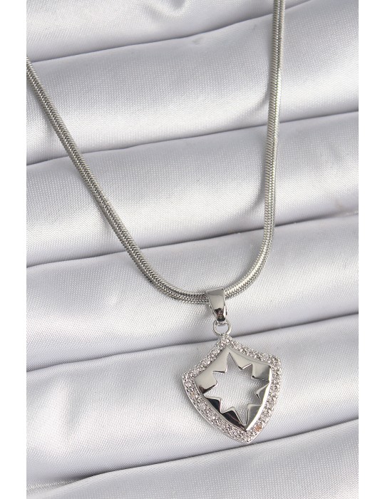 316L Çelik Gümüş Renk İtalyan Zincir Zirkon Taşlı Kutup Yıldızı İşleme Model Kadın Kolye - TJ-BKO9535
