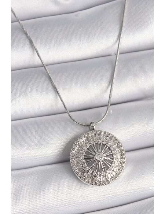 316L Çelik Gümüş Renk Zirkon Taşlı 12 Burç Madalyon Model Kadın Kolye - TJ-BKO9541