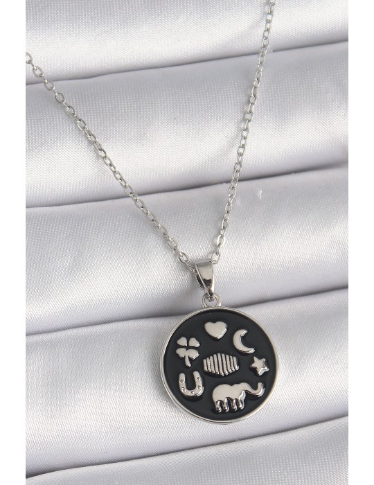 316L Çelik Gümüş Renk Siyah Renk Şans Kolyesi - TJ-BKO9546