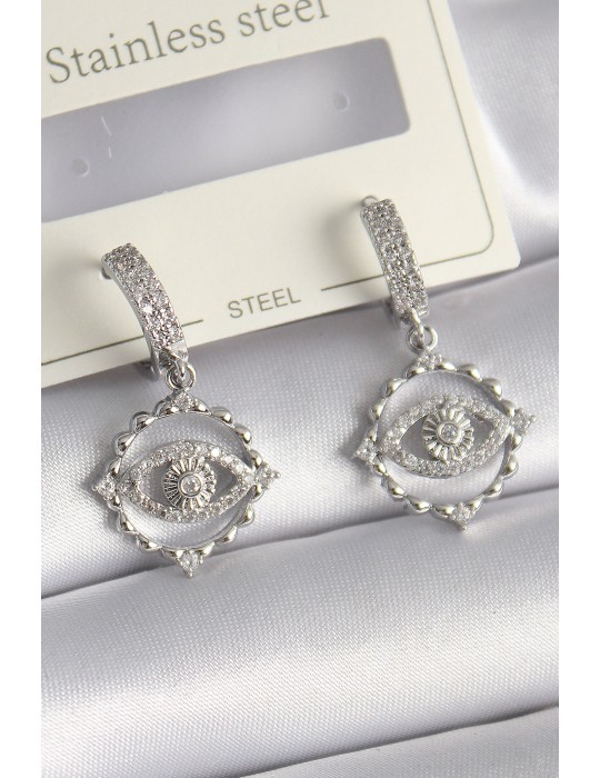 Pirinç Gümüş Renk Zirkon Taşlı Göz Model Kadın Kolye - TJ-BKP9734