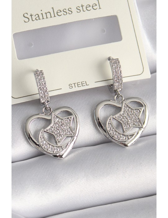 Pirinç Gümüş Renk Kalp Model Zirkon Taşlı Ay Yıldız İşlemeli Kadın Küpe - TJ-BKP9738