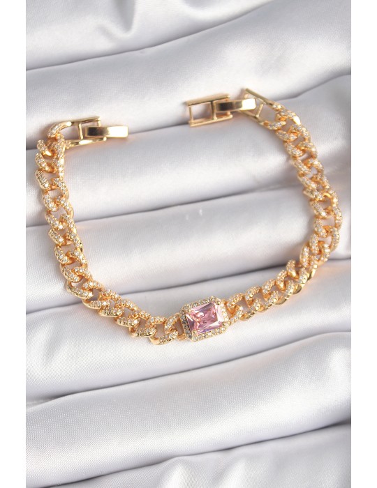 Pirinç Gold Renk Pembe Kare Zirkon Taşlı VIP Seri Kadın Bileklik - TJ-BB6488