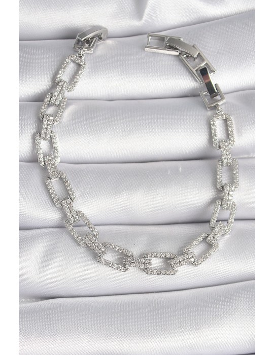 Pirinç Gümüş Renk Zirkon Taşlı Zincir Model VIP Seri Kadın Bileklik - TJ-BB6493