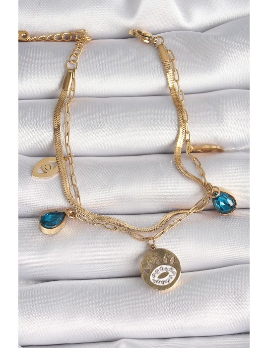 316L Çelik Gold Renk Zirkon Taşlı Göz İşleme Figür Kadın Bileklik - TJ-BB6501