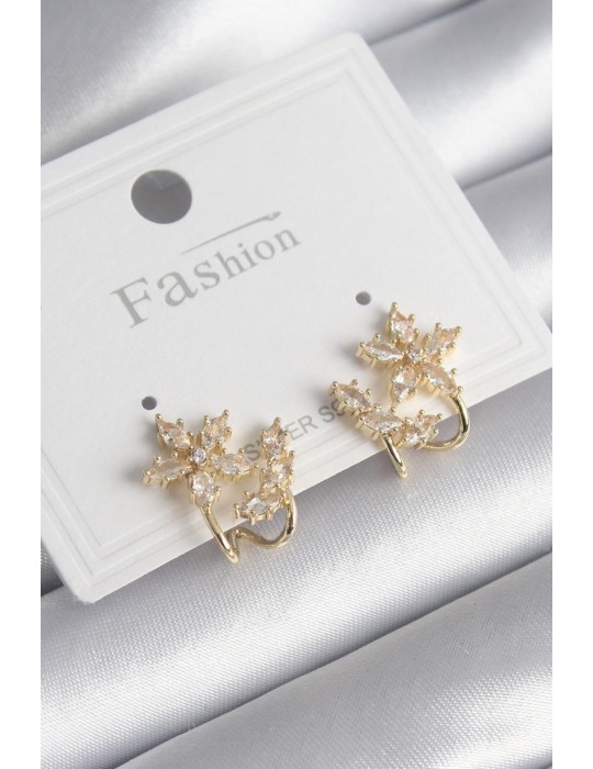 Pirinç Gold Renk Zirkon Taşlı Çiçek Model Kadın Küpe - TJ-BKP9739