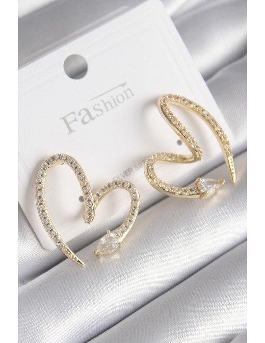 Pirinç Gold Renk Zirkon Taşlı Yılan Kalp Model Kadın Küpe - TJ-BKP9741