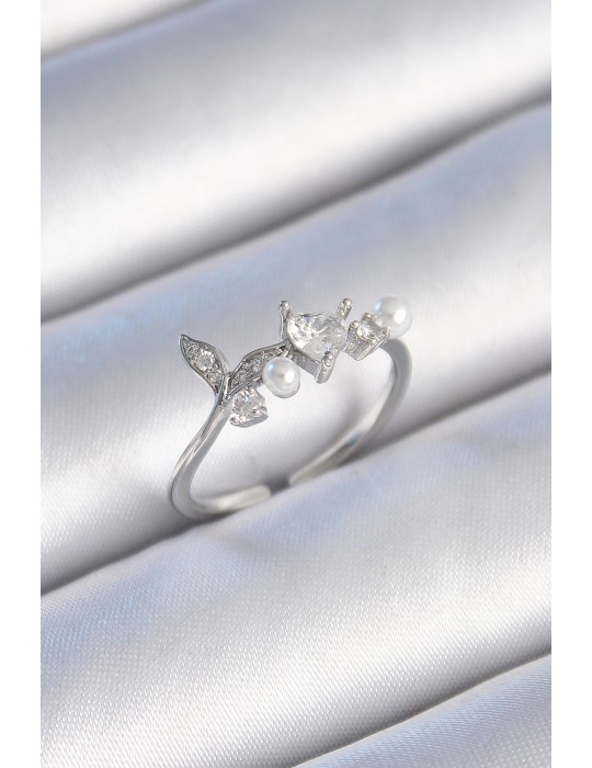 Pirinç Gümüş Renk Zirkon Taşlı Kalp Yaprak Model İnci Detay Kadın Yüzük - TJ-BYK3431