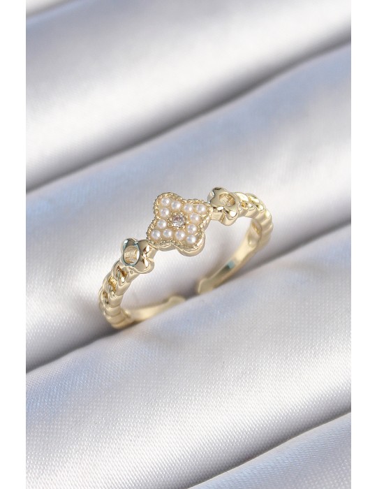 Pirinç Gold Renk İncili Yonca Model Zirkon Taş Detay Kadın Yüzük - TJ-BYK3438