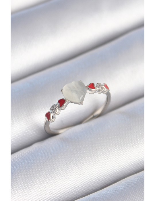 Pirinç Gümüş Renk Beyaz Mineli Kalp Model Zirkon Taş Detaylı Kadın Yüzük - TJ-BYK3459