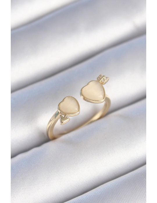 Pirinç Gold Renk Beyaz Mineli Kalp Model Kadın Yüzük - TJ-BYK3472