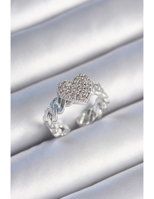 Pirinç Gümüş Renk Zincir Kordon Zirkon Taşlı Kalp Model Kadın Yüzük - TJ-BYK3484