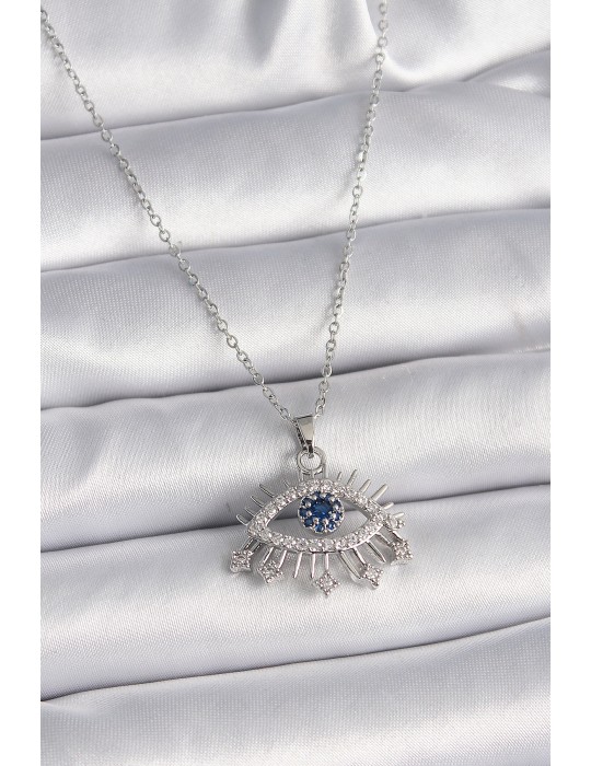 316L Çelik Gümüş Renk Zincir Zirkon Taşlı Göz Model Kadın Kolye - TJ-BKO9564