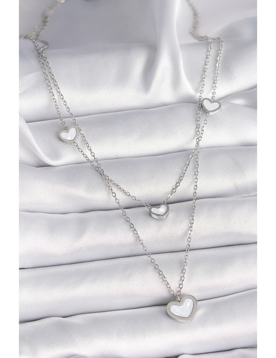 316L Çelik Gümüş Renk Zincir 2'Li Zincir Kalp Model Kadın Kolye - TJ-BKO9573
