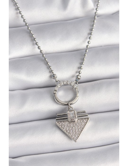 316L Çelik Gümüş Renk Topçuk Zincir Zirkon Taşlı Üçgen Model Kadın Kolye - TJ-BKO9574