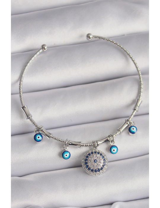 Pirinç Gümüş Renk Sallantı Zirkon Taşlı Nazar Boncuk Figür Charm Bileklik - TJ-BB6558