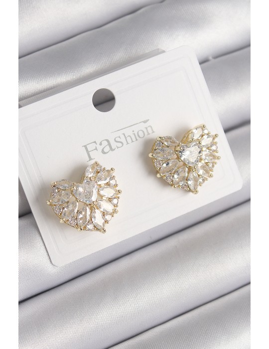 Pirinç Gold Renk Zirkon Taşlı Kalp Model Kadın Küpe - TJ-BKP9750