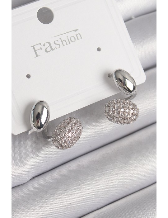 Pirinç Gümüş Renk Zirkon Taşlı Bombeli Model Kadın Küpe - TJ-BKP9753